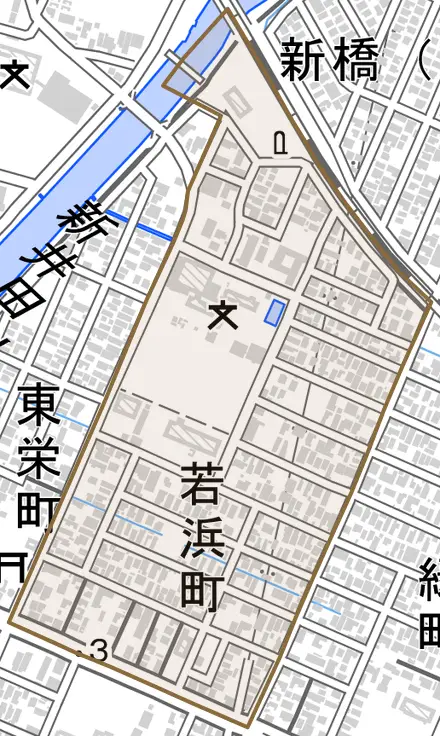 若浜町とその周辺の地図。町の範囲を重ねている