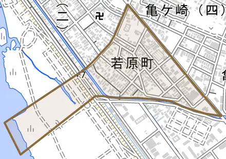 若原町とその周辺の地図。町の範囲を重ねている