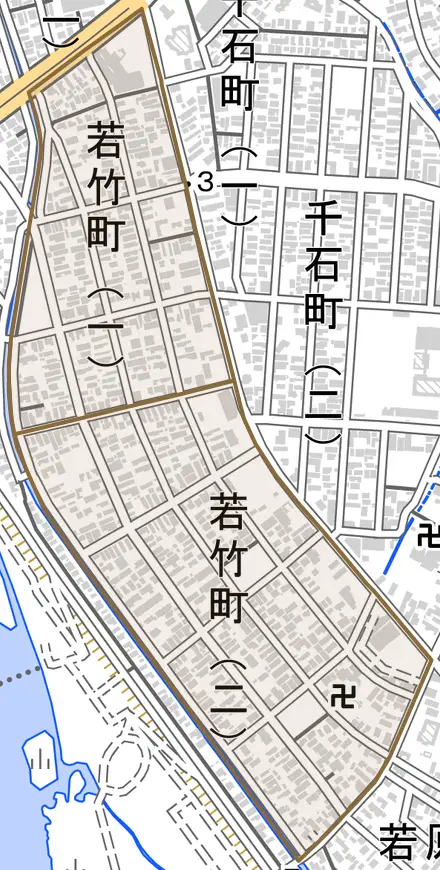 若竹町とその周辺の地図。町の範囲を重ねている