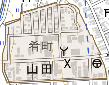 字山田とその周辺の地図。町の範囲を重ねている
