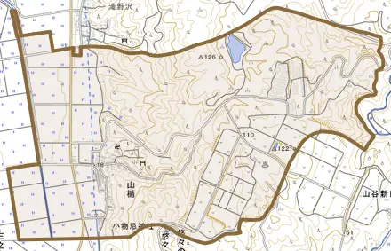 山楯とその周辺の地図。町の範囲を重ねている