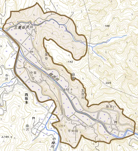 山元とその周辺の地図。町の範囲を重ねている