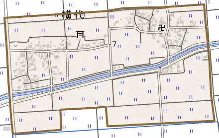 横代とその周辺の地図。町の範囲を重ねている