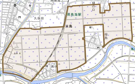 米島とその周辺の地図。町の範囲を重ねている