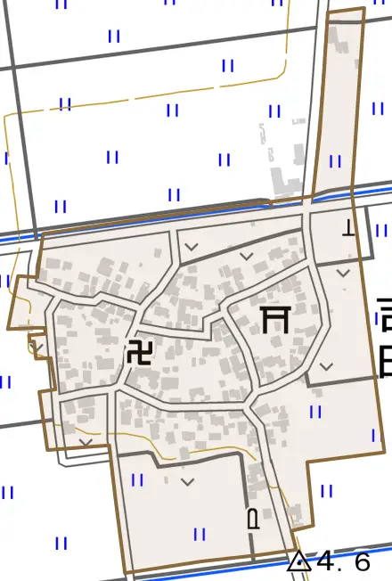 吉田とその周辺の地図。町の範囲を重ねている