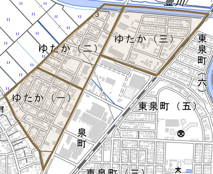 ゆたかとその周辺の地図。町の範囲を重ねている