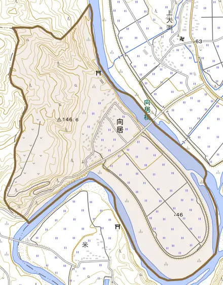 大字向居とその周辺の地図。町の範囲を重ねている
