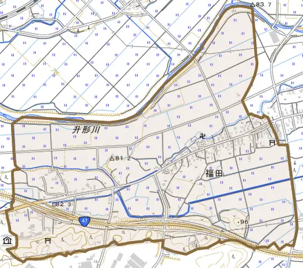 大字福田とその周辺の地図。町の範囲を重ねている