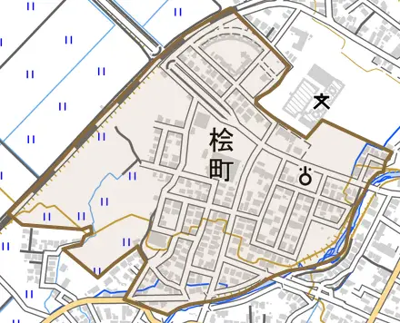 桧町とその周辺の地図。町の範囲を重ねている