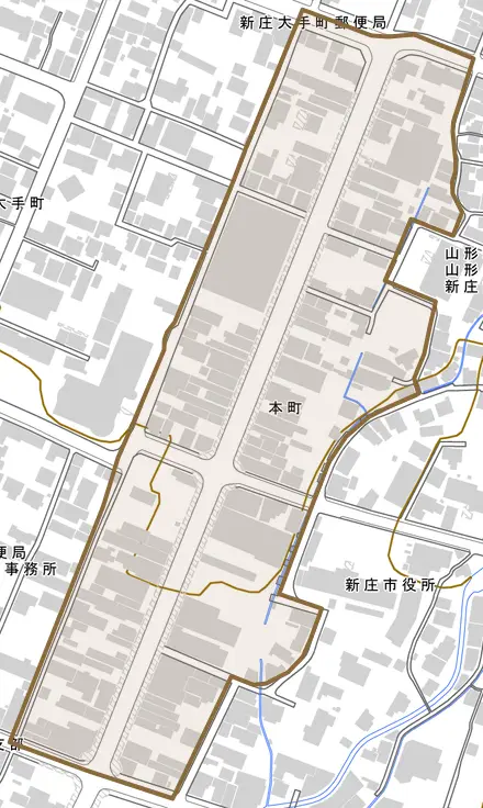 本町とその周辺の地図。町の範囲を重ねている