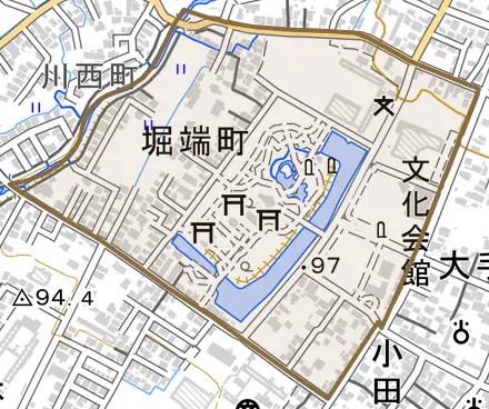 堀端町とその周辺の地図。町の範囲を重ねている