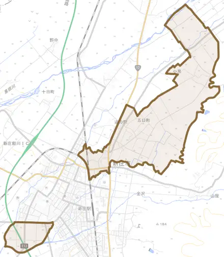 五日町とその周辺の地図。町の範囲を重ねている
