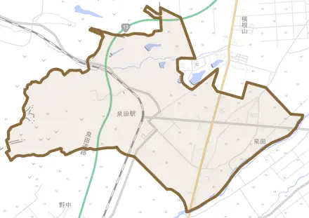 大字泉田とその周辺の地図。町の範囲を重ねている