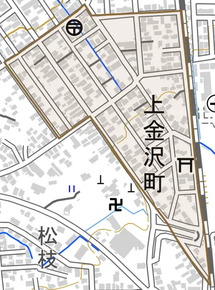 上金沢町とその周辺の地図。町の範囲を重ねている