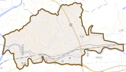 大字升形とその周辺の地図。町の範囲を重ねている