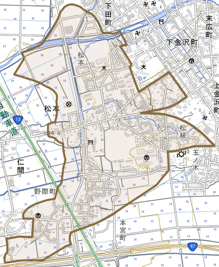 大字松本とその周辺の地図。町の範囲を重ねている