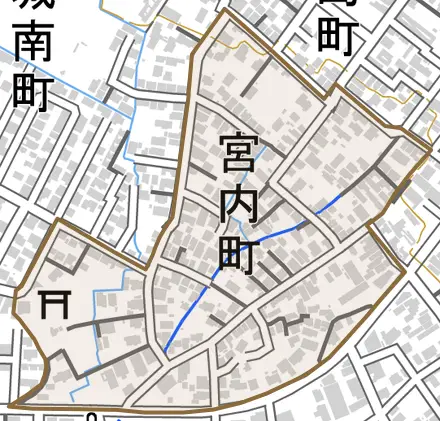 宮内町とその周辺の地図。町の範囲を重ねている