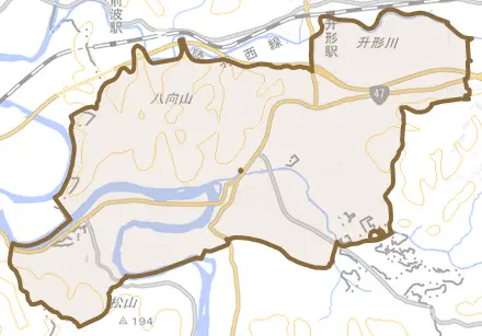 大字本合海とその周辺の地図。町の範囲を重ねている