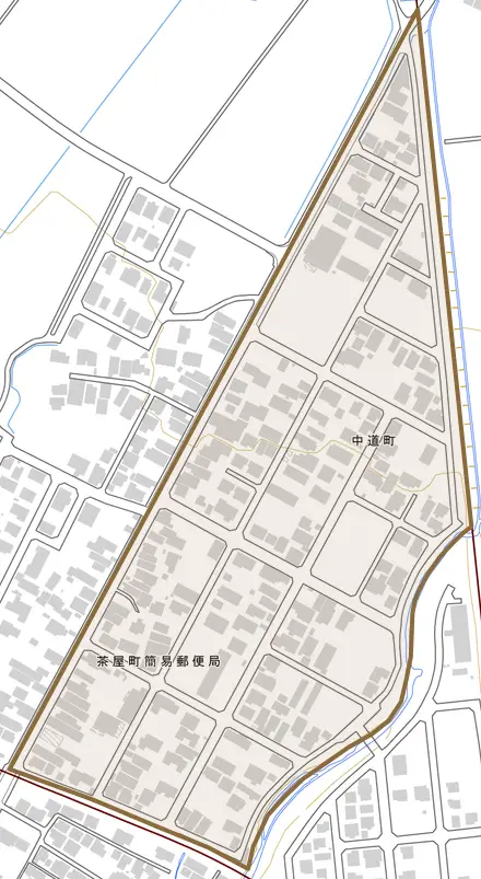 中道町とその周辺の地図。町の範囲を重ねている
