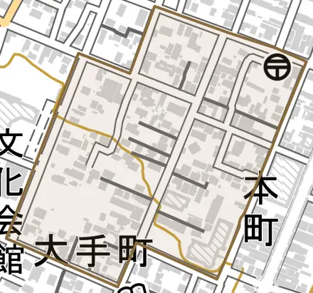 大手町とその周辺の地図。町の範囲を重ねている