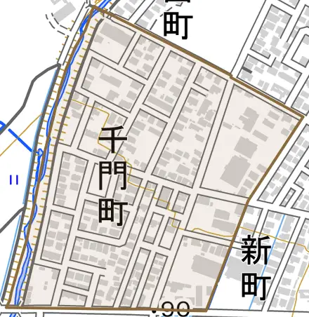 千門町とその周辺の地図。町の範囲を重ねている