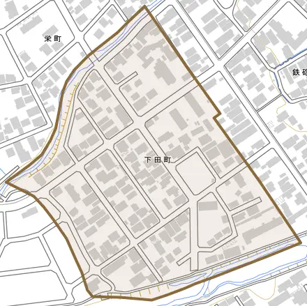 下田町とその周辺の地図。町の範囲を重ねている