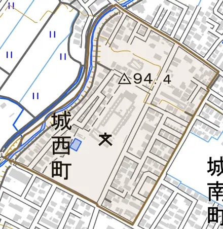 城西町とその周辺の地図。町の範囲を重ねている