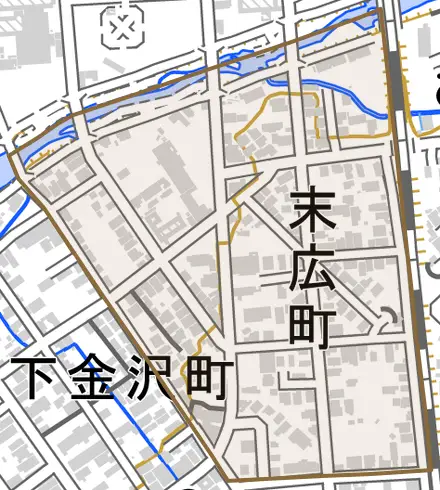 末広町とその周辺の地図。町の範囲を重ねている