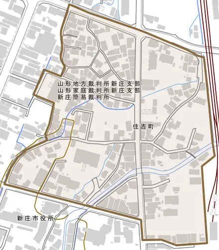 住吉町とその周辺の地図。町の範囲を重ねている