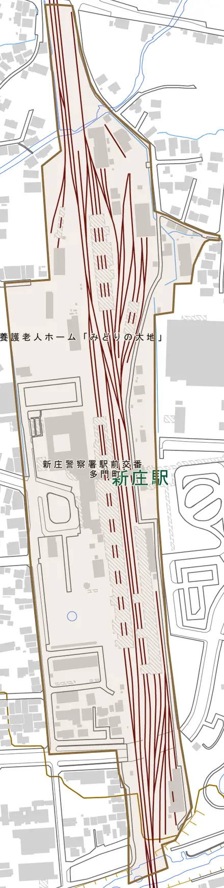 多門町とその周辺の地図。町の範囲を重ねている