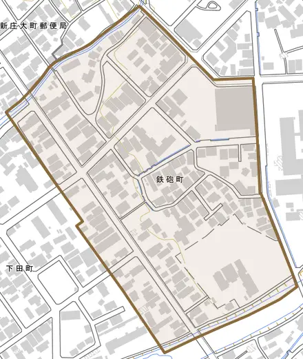 鉄砲町とその周辺の地図。町の範囲を重ねている
