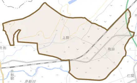 大字飛田とその周辺の地図。町の範囲を重ねている