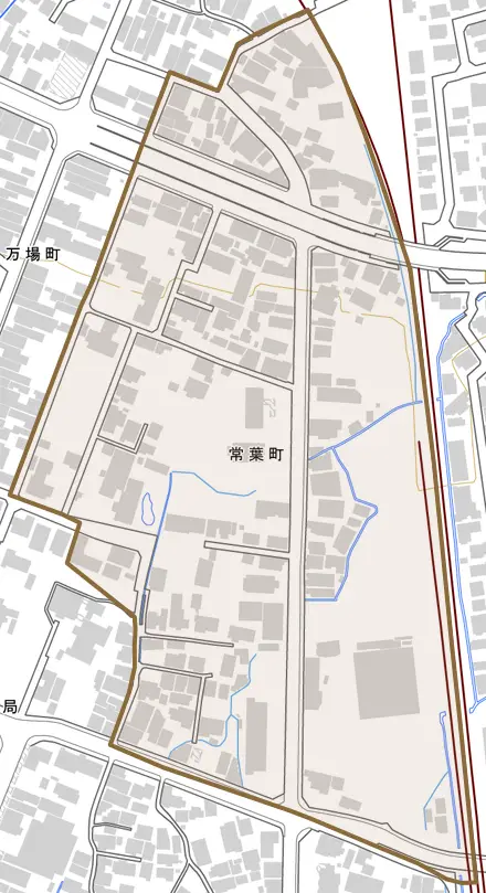 常葉町とその周辺の地図。町の範囲を重ねている