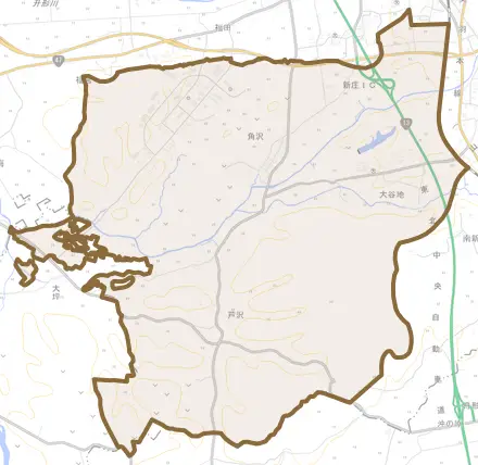 大字角沢とその周辺の地図。町の範囲を重ねている