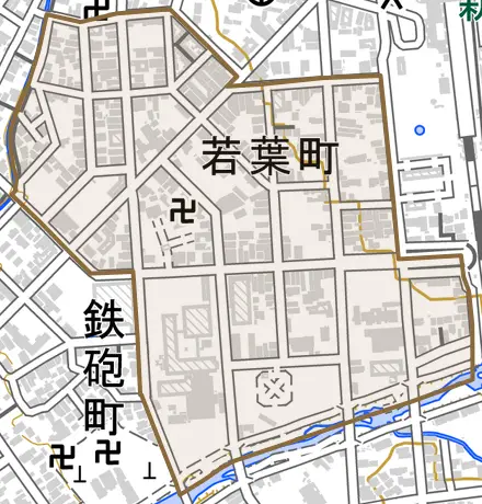 若葉町とその周辺の地図。町の範囲を重ねている