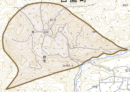 大字針生とその周辺の地図。町の範囲を重ねている