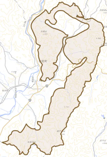 大字畔藤とその周辺の地図。町の範囲を重ねている