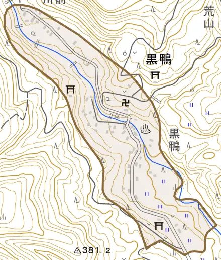 大字黒鴨とその周辺の地図。町の範囲を重ねている