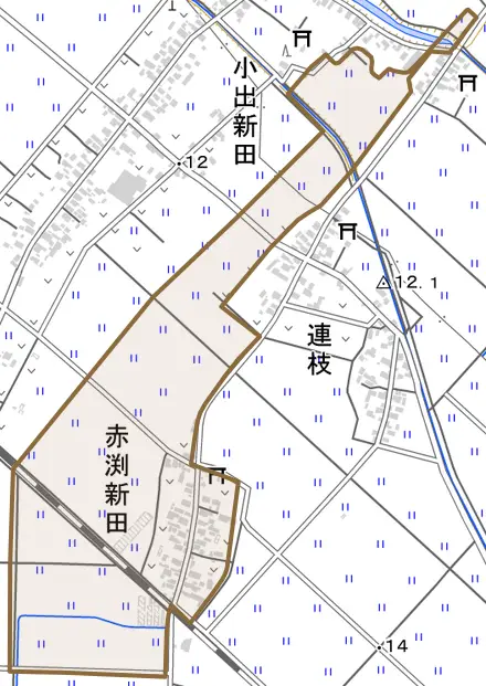 赤渕新田とその周辺の地図。町の範囲を重ねている