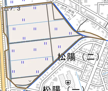 余目とその周辺の地図。町の範囲を重ねている
