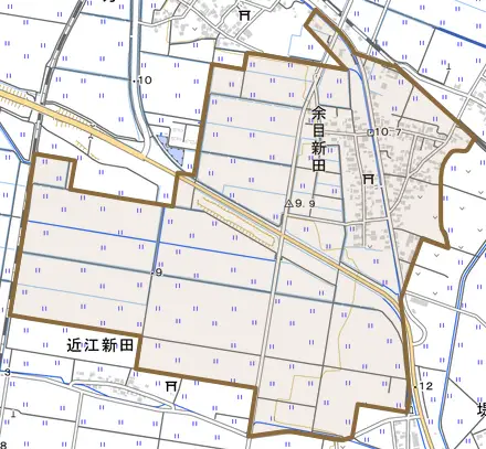 余目新田とその周辺の地図。町の範囲を重ねている