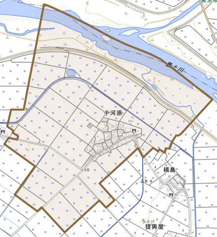 千河原とその周辺の地図。町の範囲を重ねている