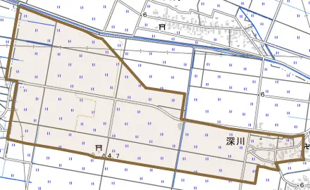 深川とその周辺の地図。町の範囲を重ねている