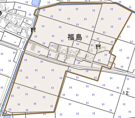 福島とその周辺の地図。町の範囲を重ねている
