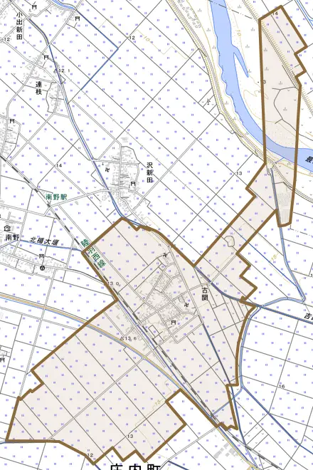 古関とその周辺の地図。町の範囲を重ねている