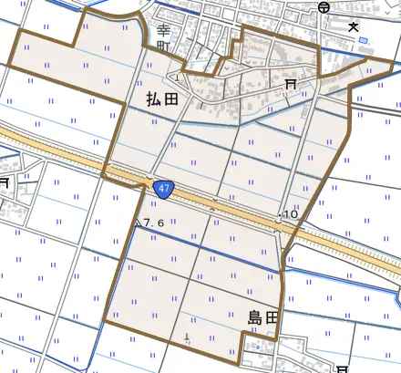 払田とその周辺の地図。町の範囲を重ねている