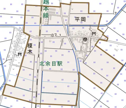 平岡とその周辺の地図。町の範囲を重ねている