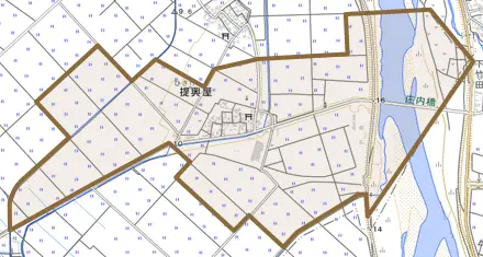 提興屋とその周辺の地図。町の範囲を重ねている