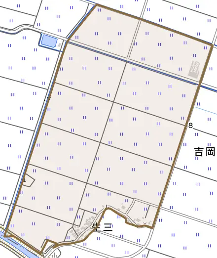 生三とその周辺の地図。町の範囲を重ねている