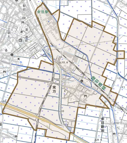 常万とその周辺の地図。町の範囲を重ねている